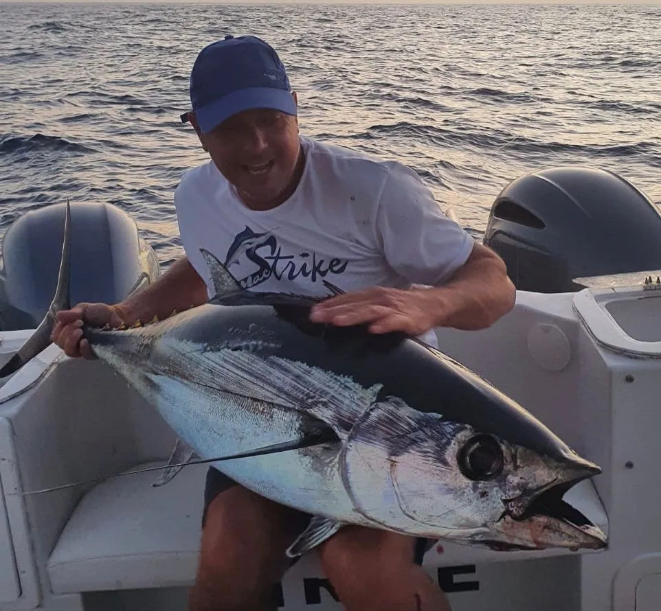 Bluefin tuna aboard Mikestrike, South Tenerife Angler with a bluefin tuna on board Mikestrike off South Tenerife