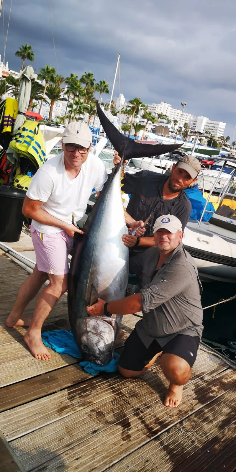 A group catch of bluefin tuna, South Tenerife Group of anglers with a big bluefin tuna caught aboard Mikestrike, Tenerife