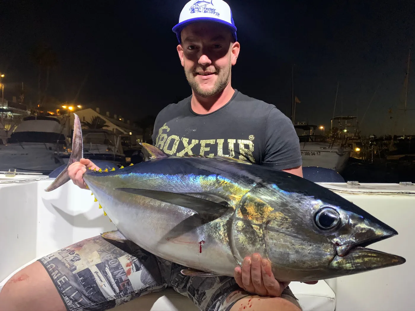 Evening tuna catch off South Tenerife Angler with a tuna after an evening charter aboard Mikestrike, Tenerife