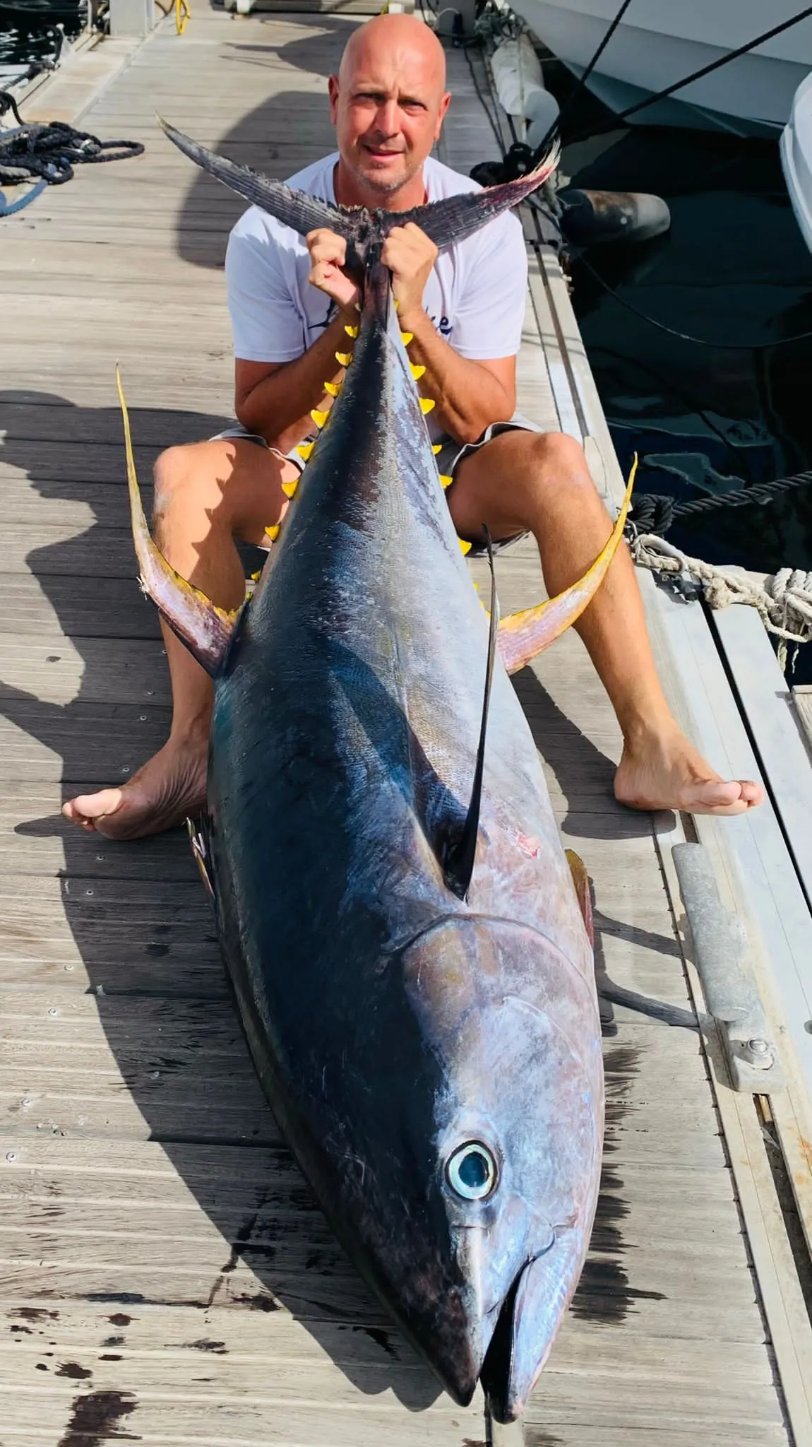Yellowfin tuna at Puerto Colón, Tenerife Angler with a large yellowfin tuna on the dock at Puerto Colón, Tenerife
