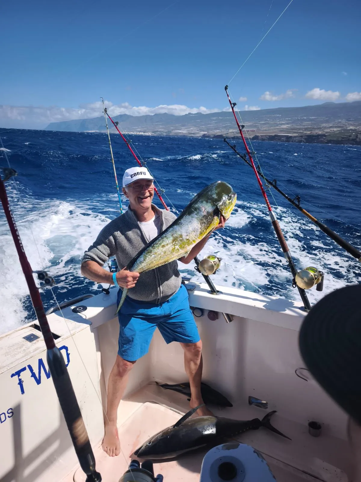 Dorado (mahi mahi) aboard No Limits Two Angler holding a dorado (mahi mahi) aboard No Limits Two off Tenerife