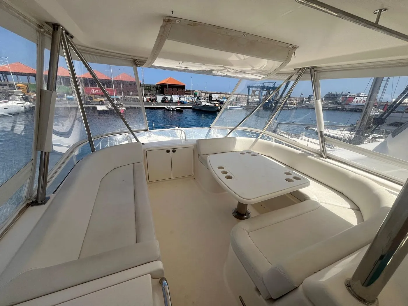 The Tanoa's flybridge seating The flybridge seating area aboard the Tanoa yacht, South Tenerife
