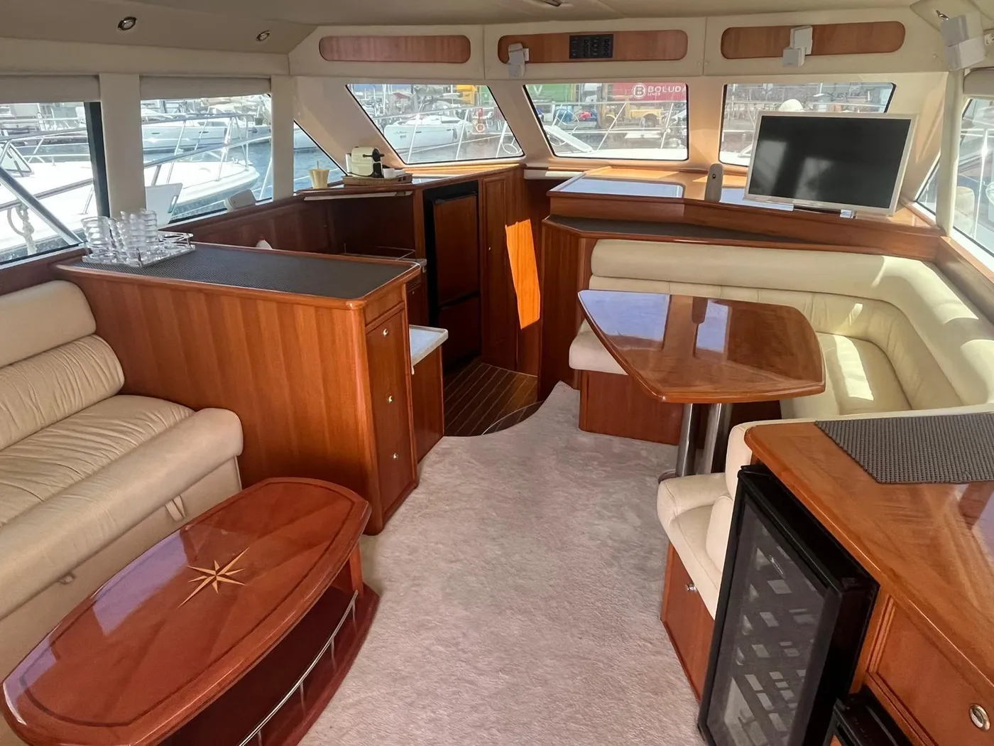The Tanoa's air-conditioned salon The air-conditioned salon with leather seating aboard the Tanoa yacht, Tenerife