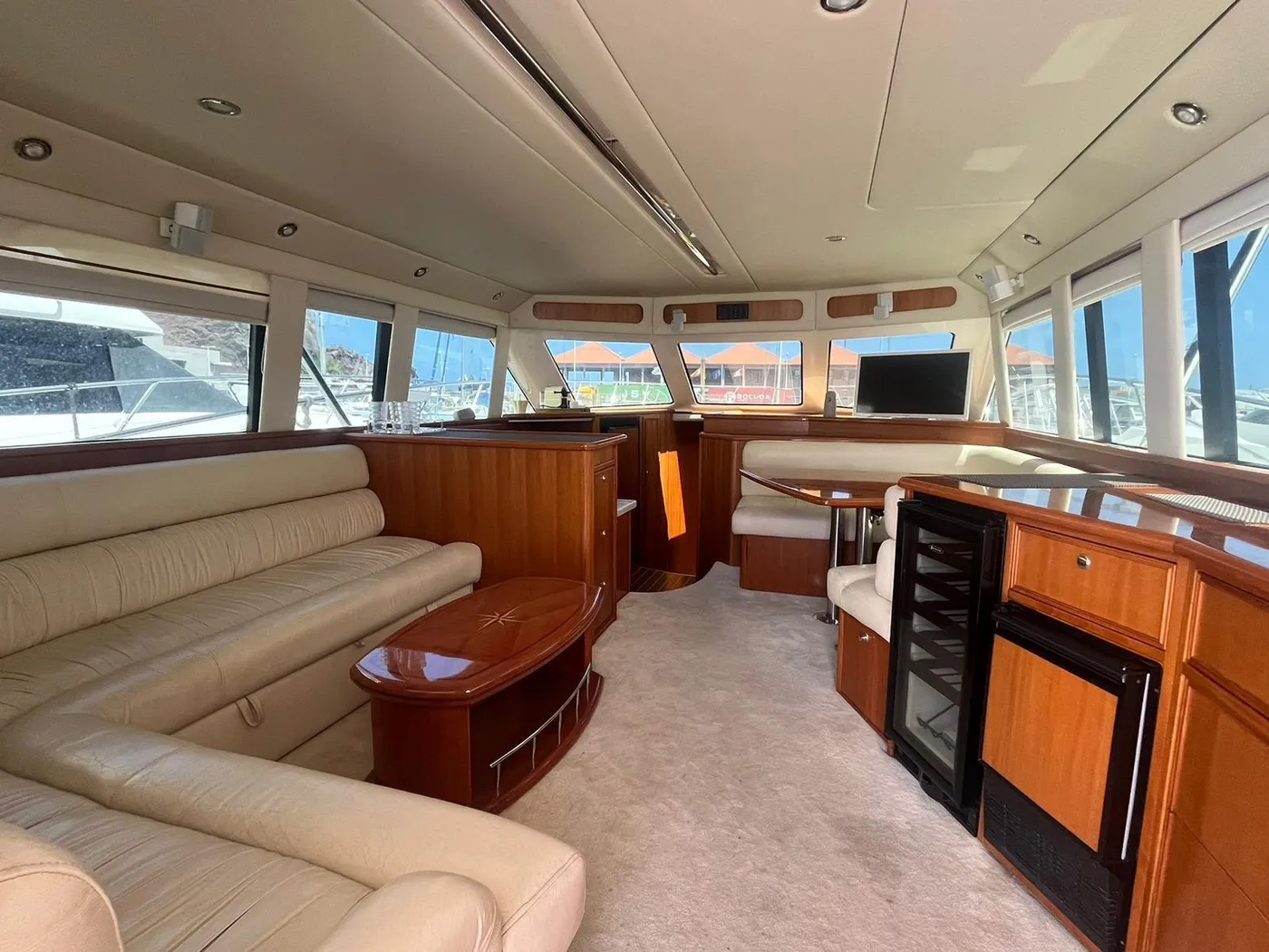 Inside the Tanoa's salon The wood-and-leather salon aboard the Tanoa luxury sportfisher, Tenerife